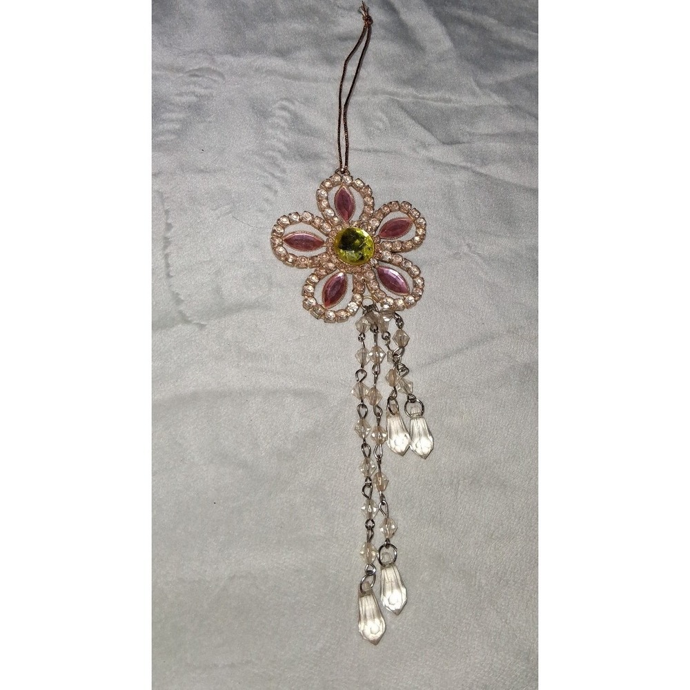 Vintage spring Rhinestone Flower Ornament Gold Tone Crystal Dangle 6.25"